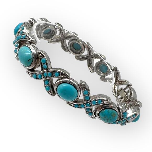 Balinese Silver Bracelet Turquoise Blue Square Shape Semi Precious Stone Howlite - Picture 1 of 11